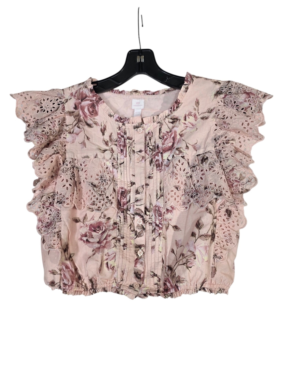 LoveShackFancy Pink Floral Eyelet Ruffle button down Blouse